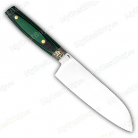 Нож Поварской. Цельнометаллический. G10 чёрно-зелёная. Мокумэ (сантоку)