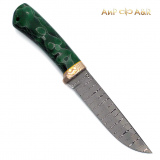 Нож "Лиса". Рукоять композит "соты" зелёный с алюминиевой сеткой. Мокумэ ганэ, фибра. Дамаск ZD-0803 узор "ступени"