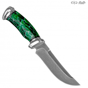 Нож Росомаха. Рукоять композит волны зелёный с алюминием. Алюминий. Белый дамаск