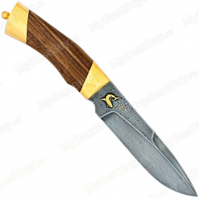 Нож Акула. Рукоять орех. Дамаск-гибрид. Золочение